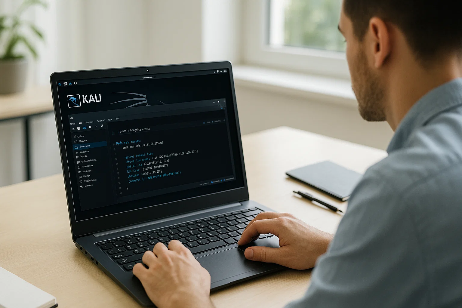 persona trabajando con kali linux en la oficina