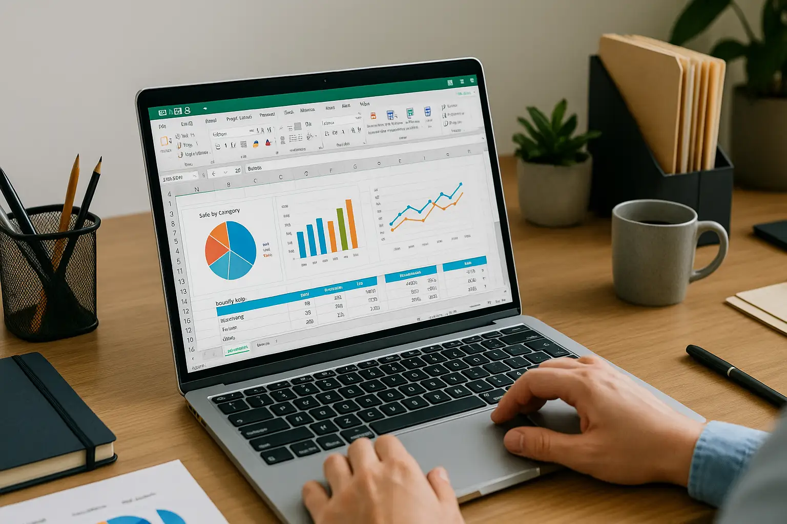 trabajadora de una empresa usando varios tipos de graficos
