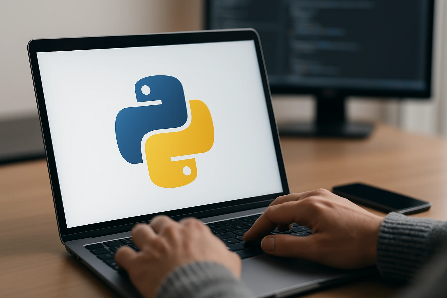 persona usando un ordenador que muestra el logo de python